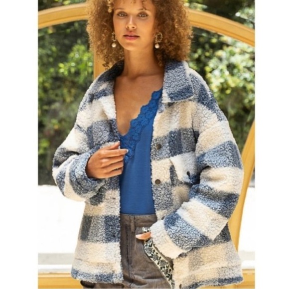 Pol oversized blue plaid Sherpa jacket / Shacket Large NEW - Picture 5 of 5